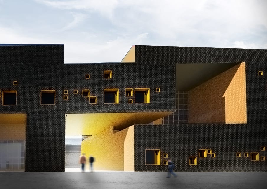 A render of the outside of the building, showing off a black and yellow brick facade