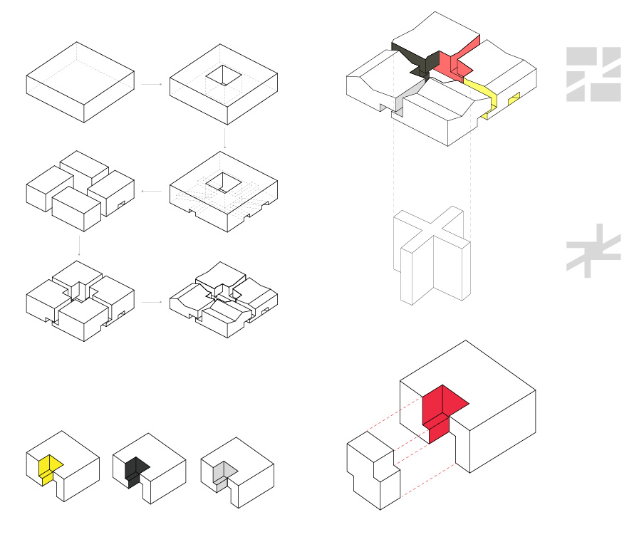 A collection of illustrations showing space being removed from a square mass