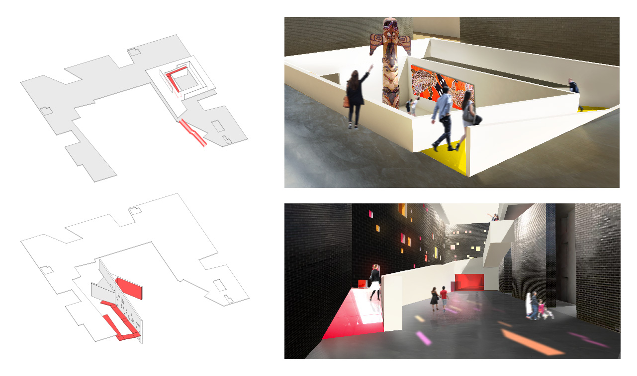 Side-by-side renders and illustrations highlighting the ramp and art gallery space