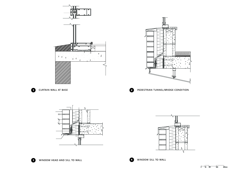 Four detail drawings at key conditions of the building