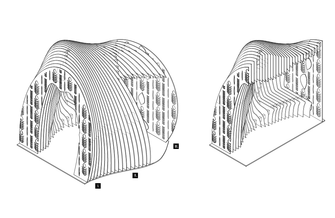 An isometric diagram of the full structure next to a cutaway showing the inside bench